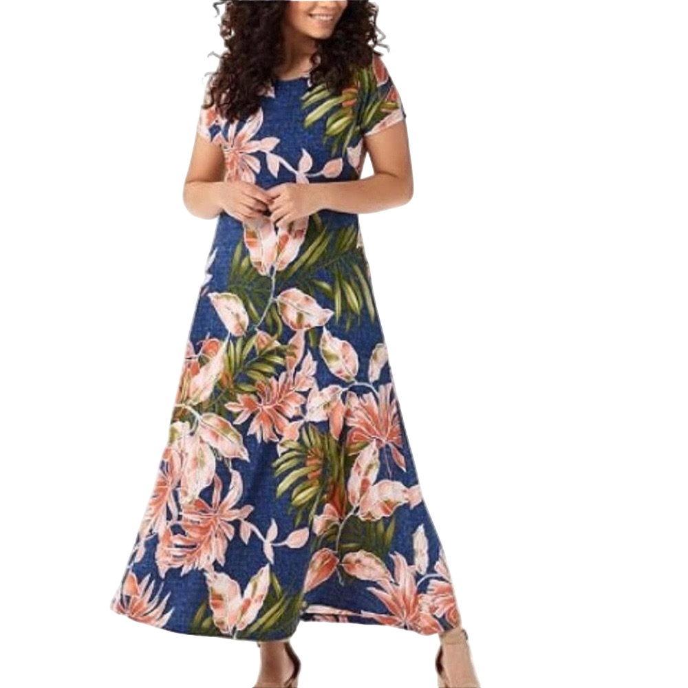Attitudes by Renee Tropical Floral Print Short Sleeve Crew Neck Maxi Dress SP